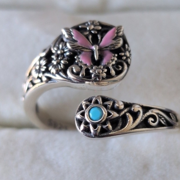 Sterling Silver Butterfly & Flower Ring with Pink and Turquoise Accents